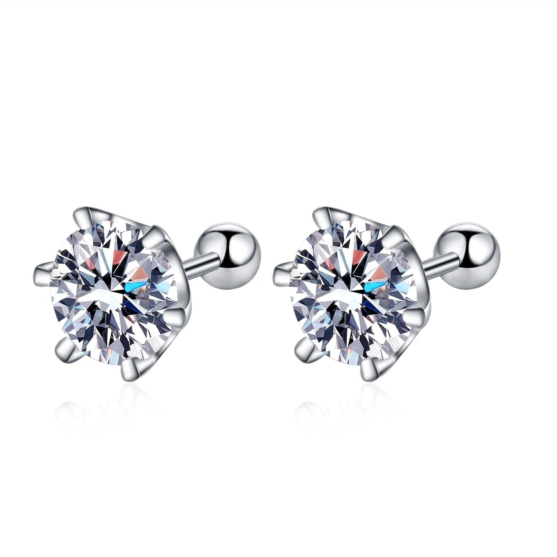 Moissanite Diamonds Studs Earrings; Classic Solitaire Six Prongs Studs, Screw Backs Earrings-EM017