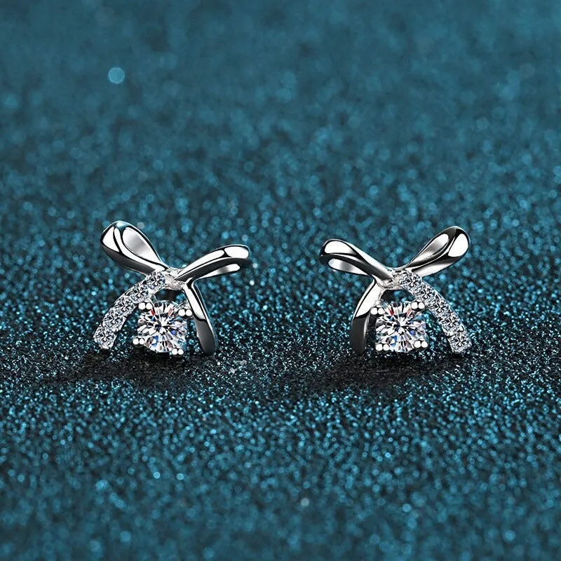 Moissanite Diamonds Studs Earrings; Miniature bow shape studs - EM029