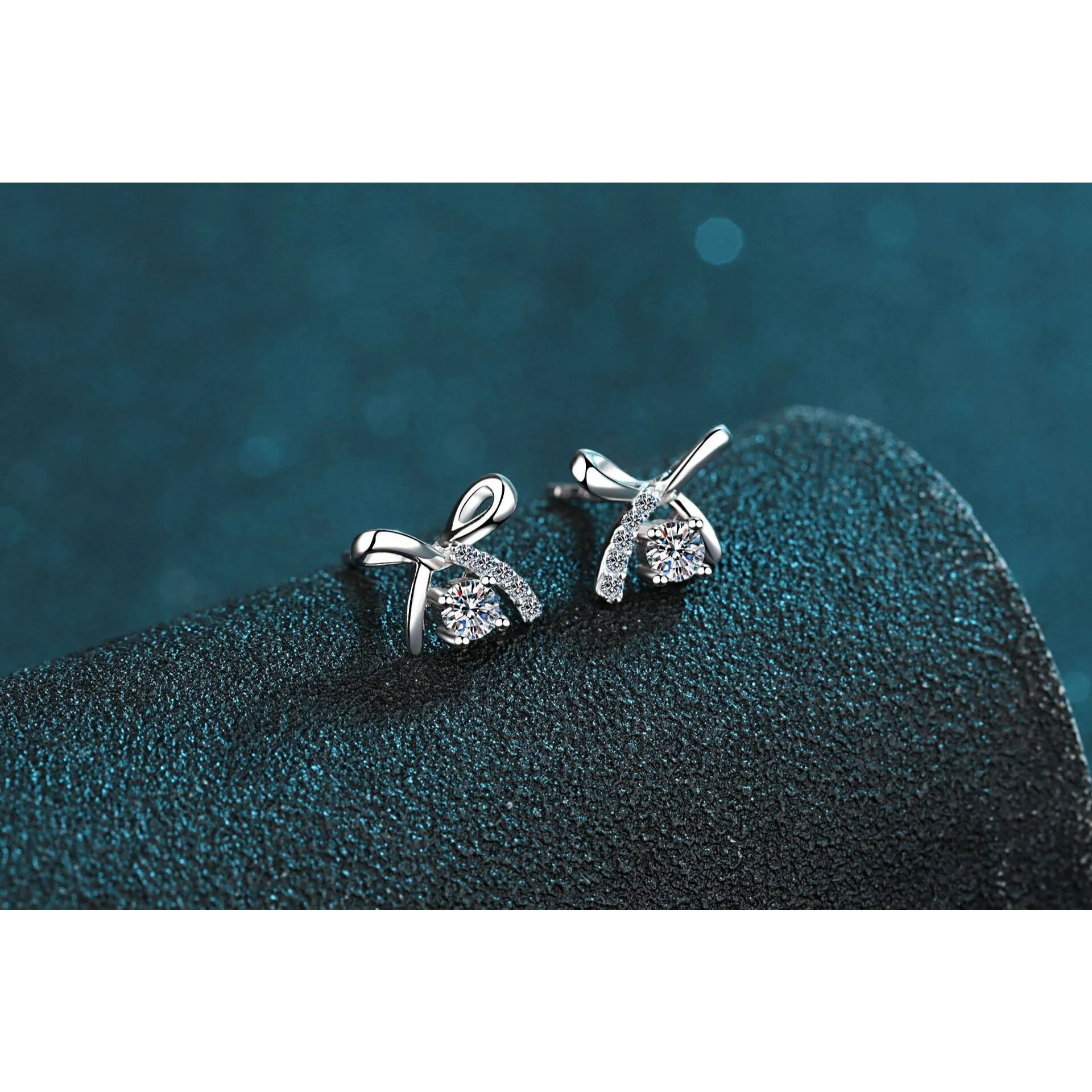 Moissanite Diamonds Studs Earrings; Miniature bow shape studs - EM029