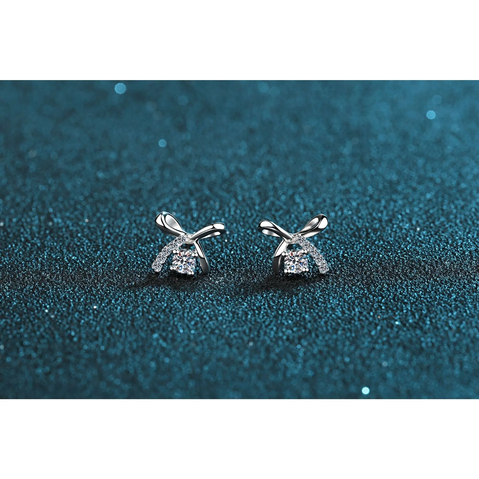Moissanite Diamonds Studs Earrings; Miniature bow shape studs - EM029