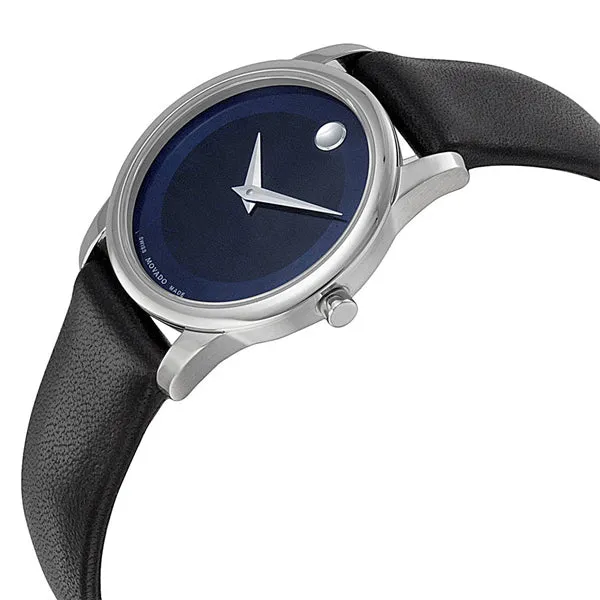 Movado Museum Black Leather Blue Dial Quartz Watch for Ladies - 606611