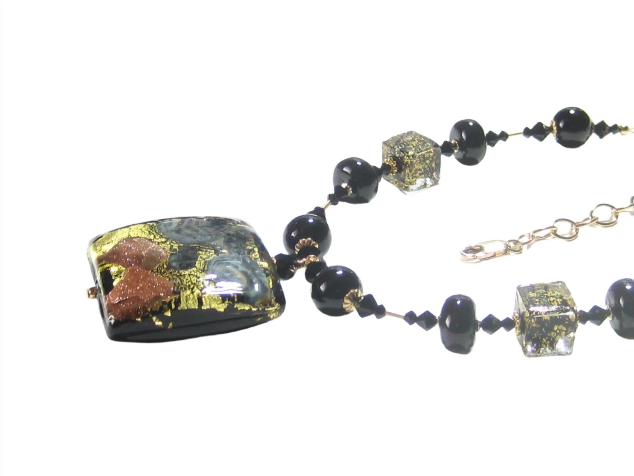 Murano Glass Black Square Pendant Gold Necklace