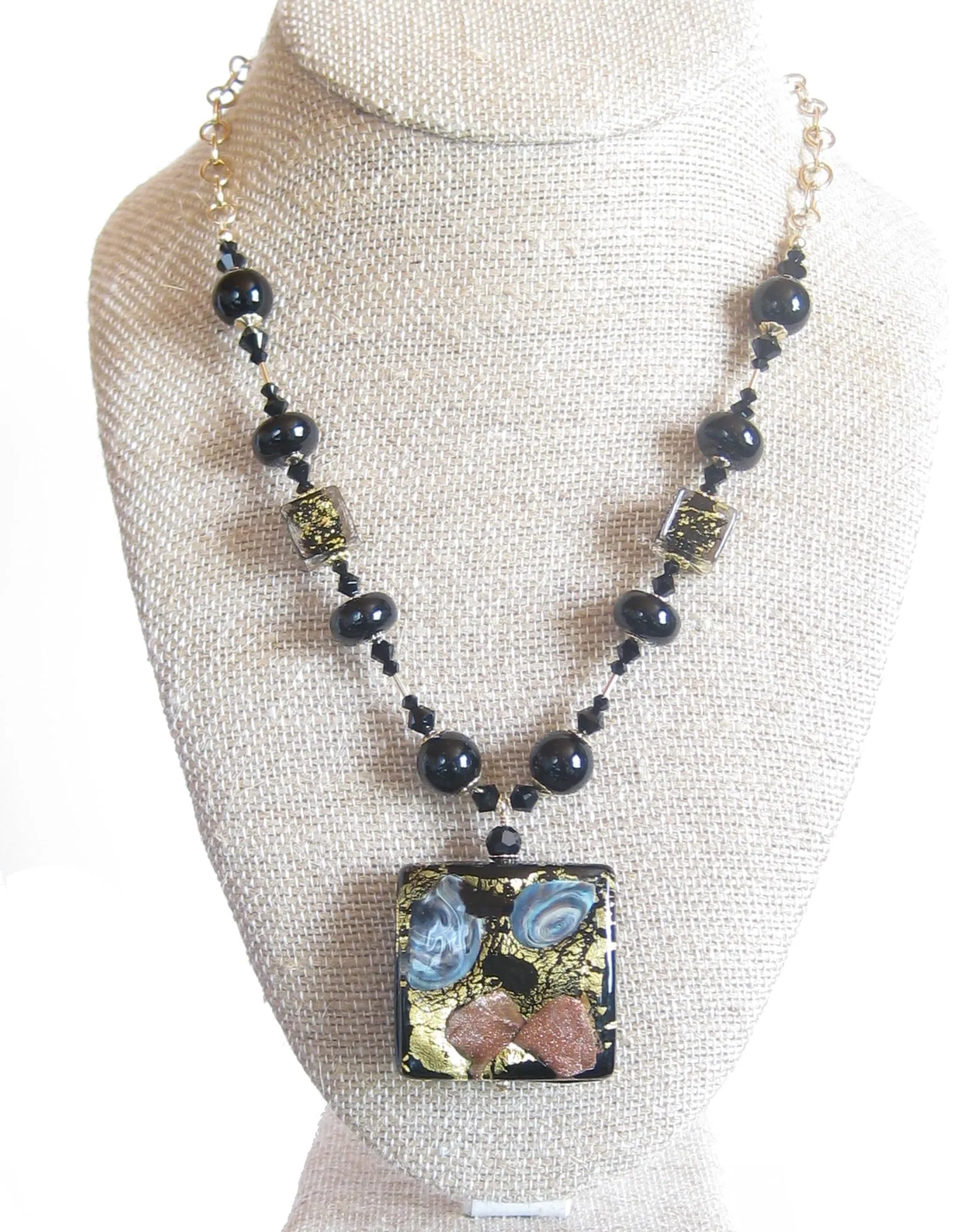 Murano Glass Black Square Pendant Gold Necklace