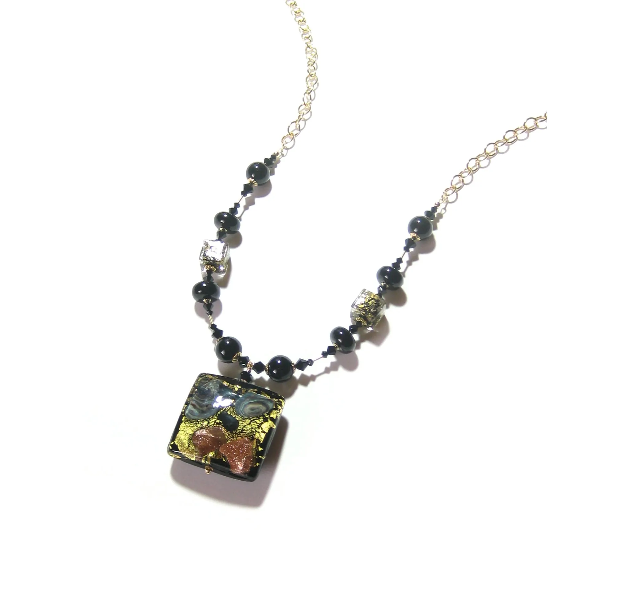 Murano Glass Black Square Pendant Gold Necklace