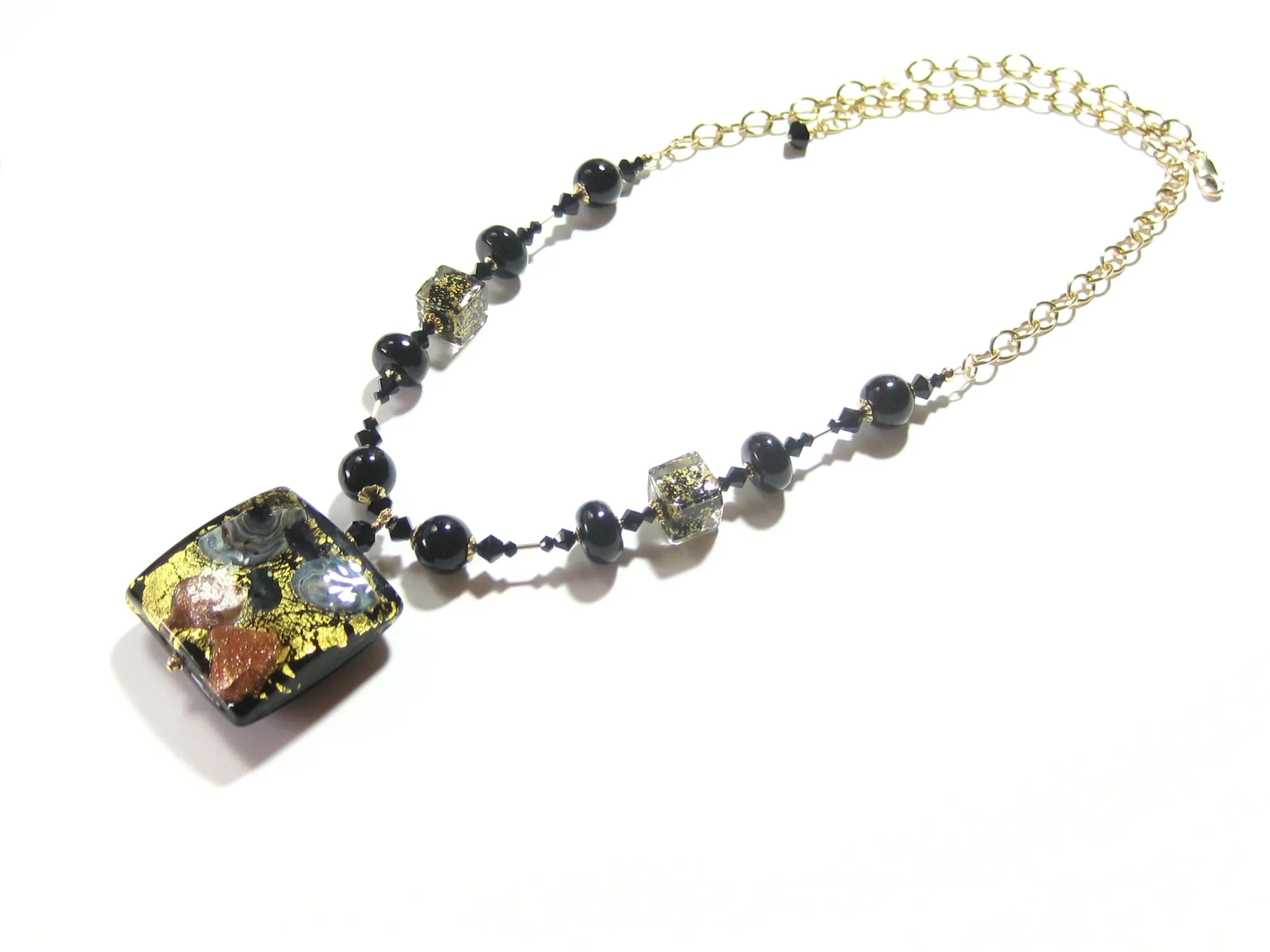 Murano Glass Black Square Pendant Gold Necklace