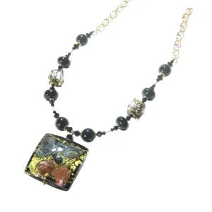 Murano Glass Black Square Pendant Gold Necklace