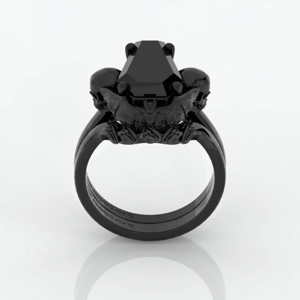My Ever After Ring - Coffin Cut Diamond with Skulls, Bat and Roses Promise Ring