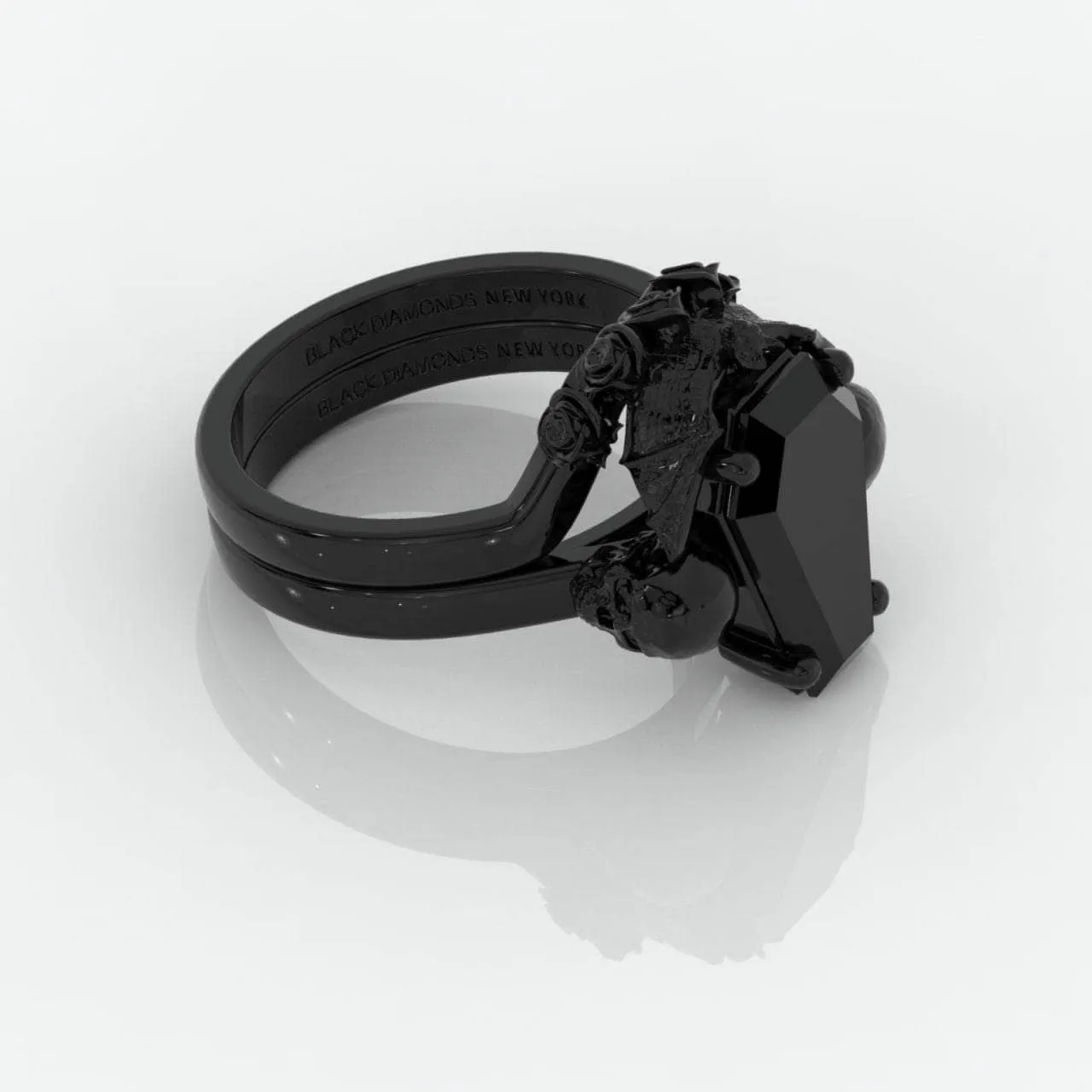 My Ever After Ring - Coffin Cut Diamond with Skulls, Bat and Roses Promise Ring