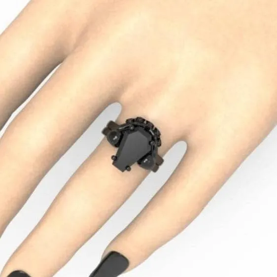My Ever After Ring - Coffin Cut Diamond with Skulls, Bat and Roses Promise Ring