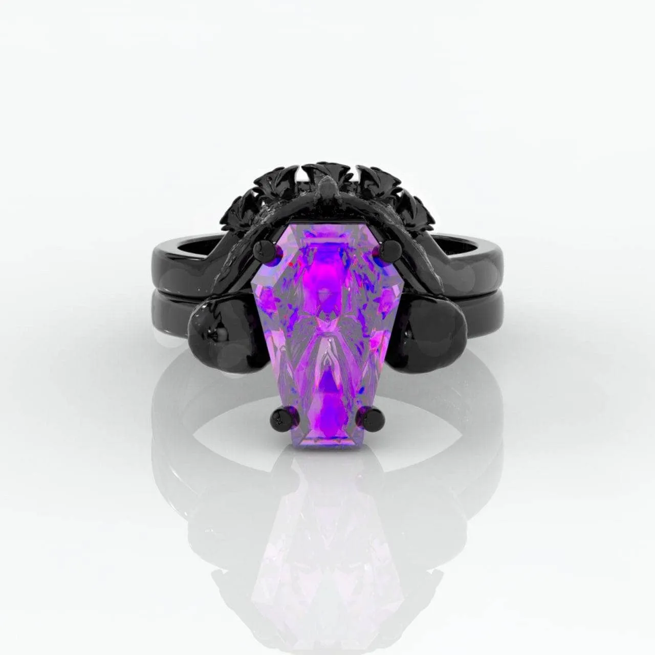 My Ever After Ring - Coffin Cut Diamond with Skulls, Bat and Roses Promise Ring