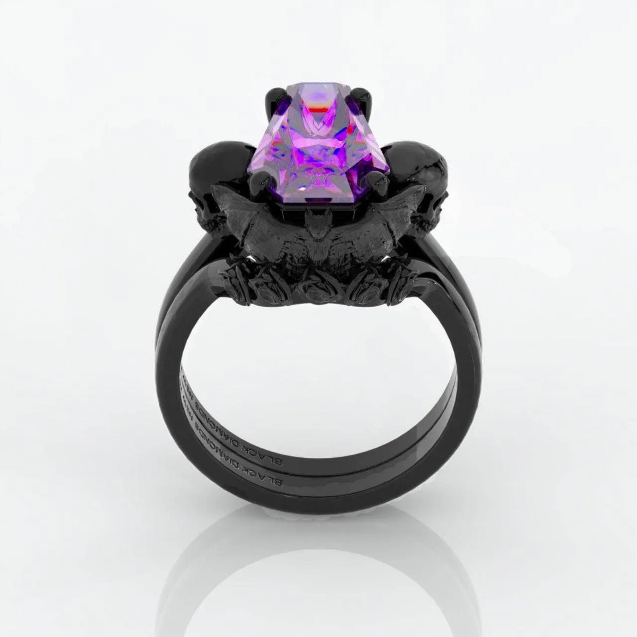 My Ever After Ring - Coffin Cut Diamond with Skulls, Bat and Roses Promise Ring