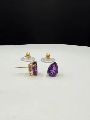 Natural Amethyst Pear Cut 14k Yellow Gold Stud Earrings 3.00 CTW