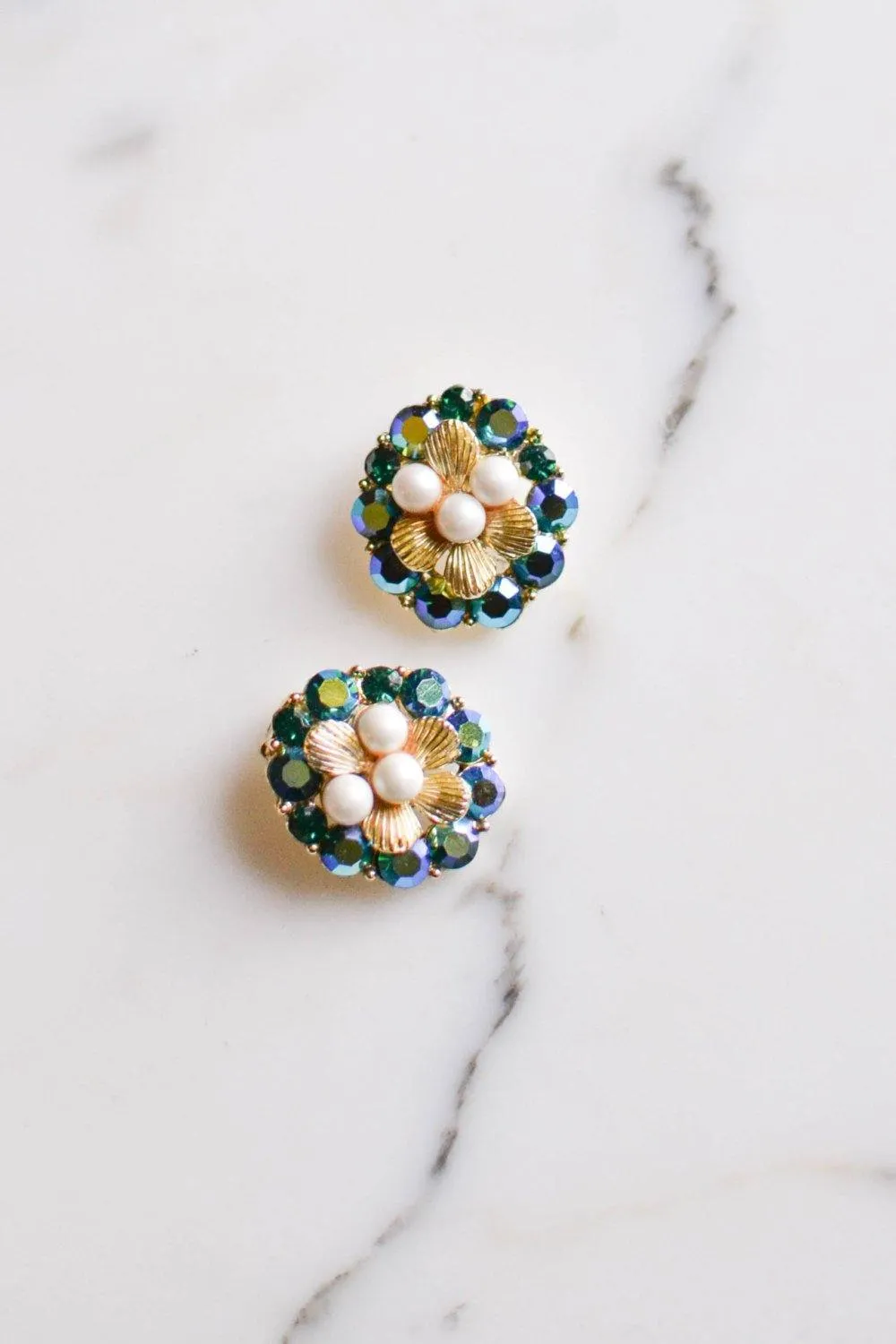 Pearl and Peacock Rhinestone Earrings