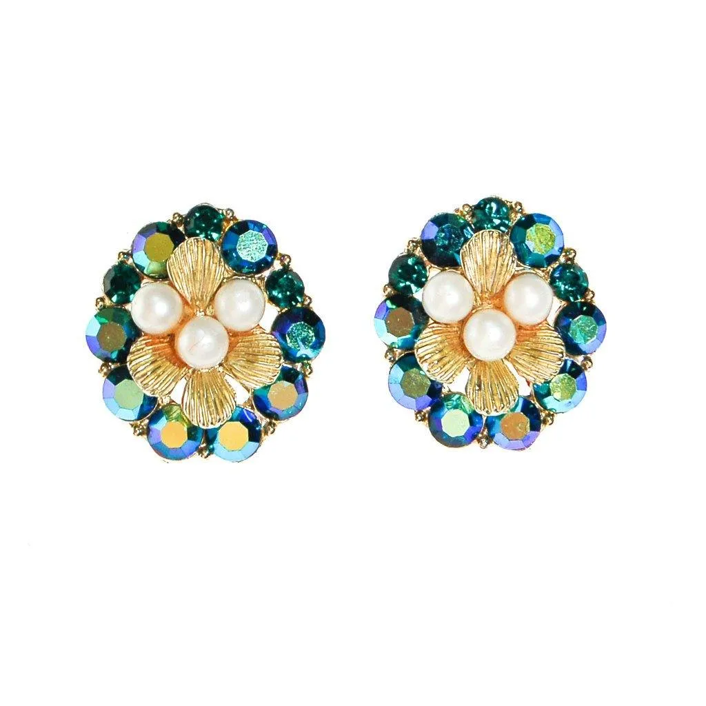 Pearl and Peacock Rhinestone Earrings