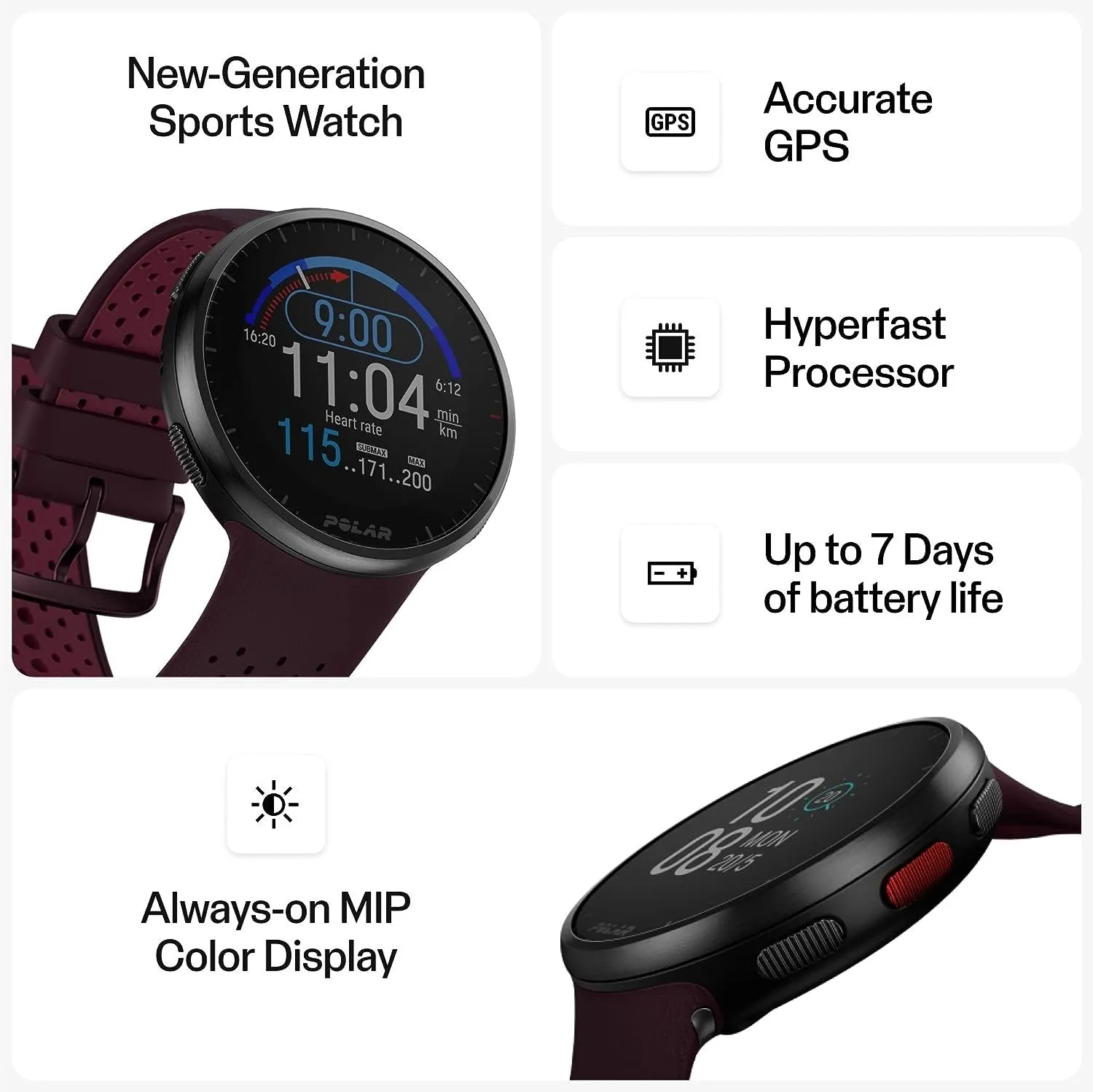 Polar Pacer Pro Advanced GPS Running Watch, Maroon-Plum
