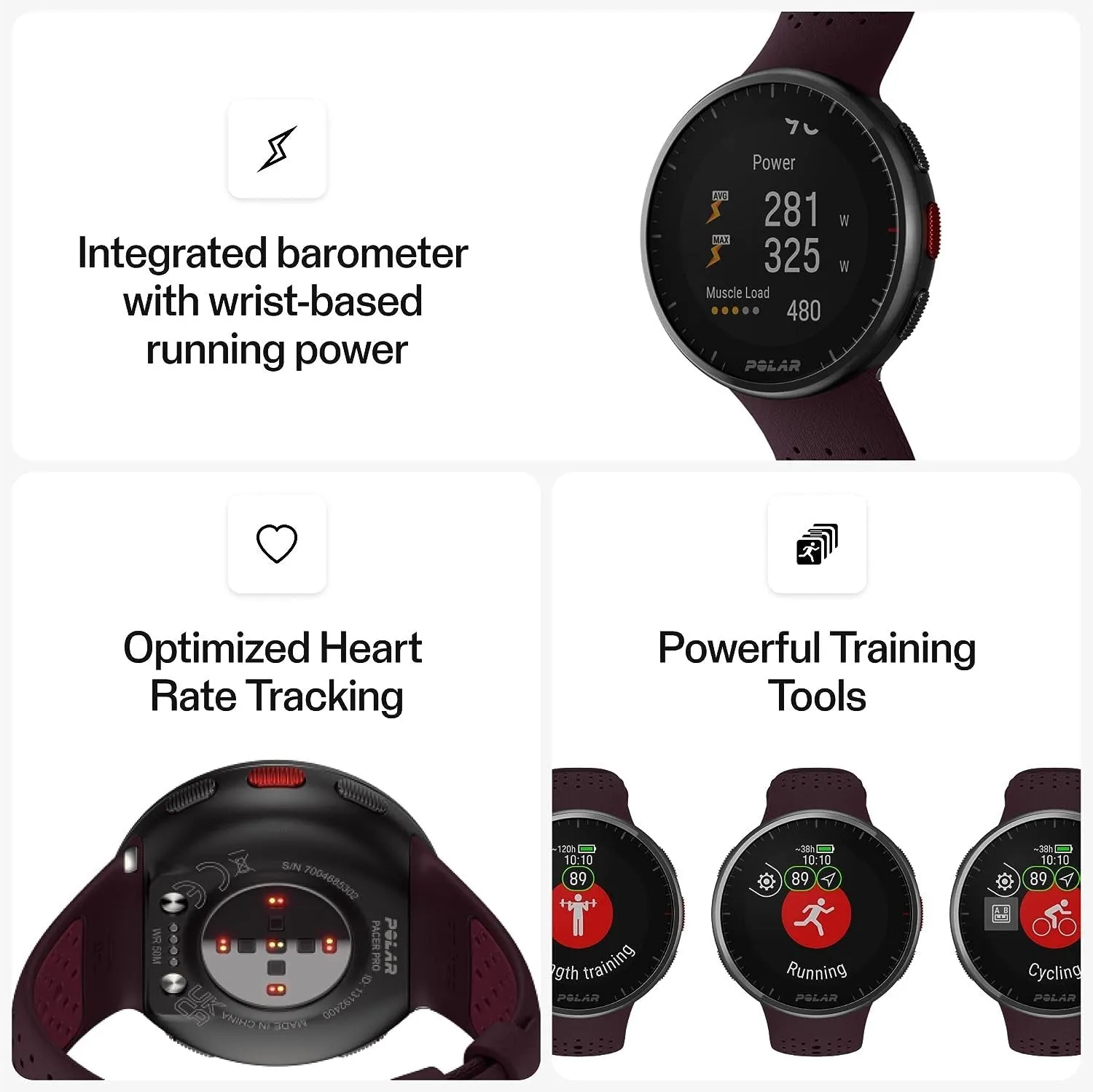 Polar Pacer Pro Advanced GPS Running Watch, Maroon-Plum