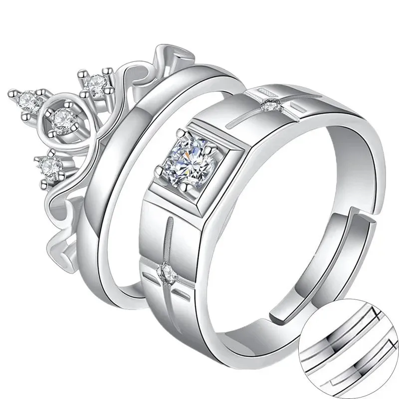 Premium Silver Plated Crown Adjustable Couple Rings Set