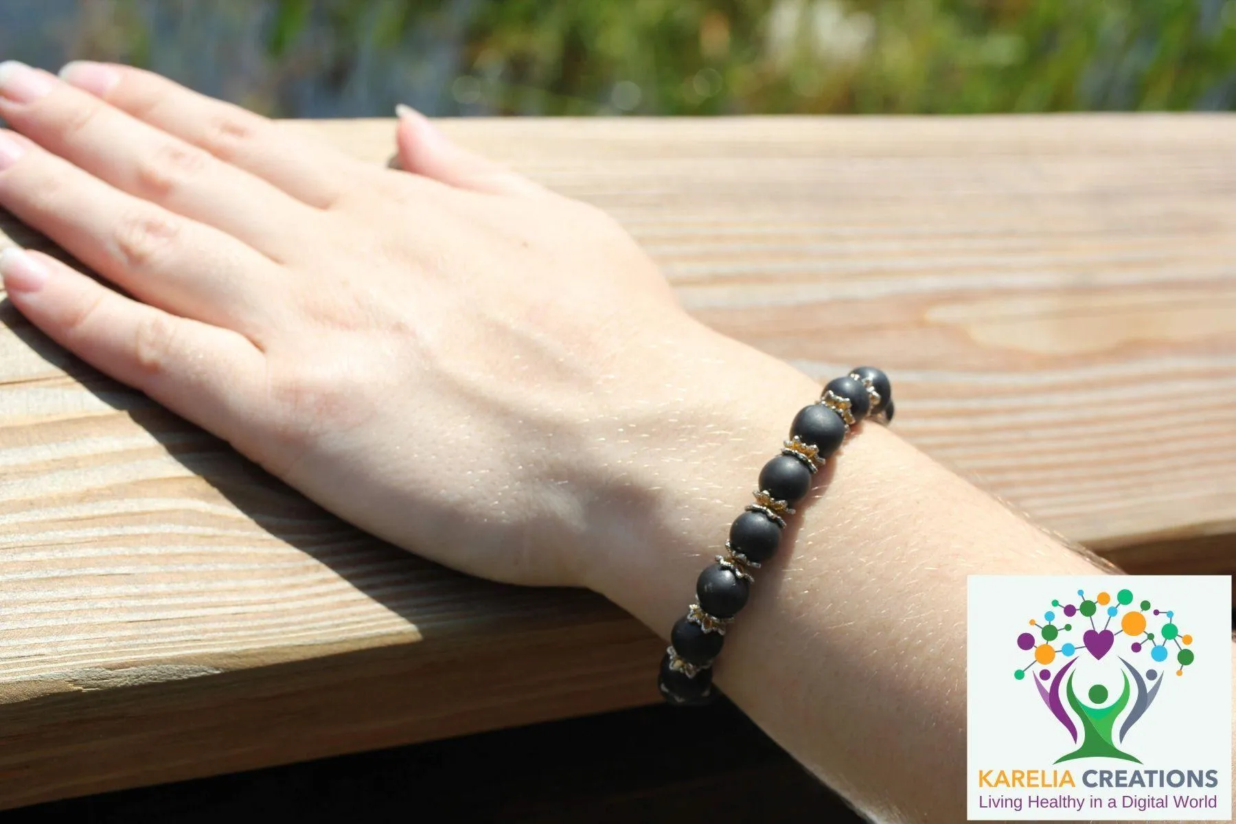 RETIRED - Shungite Bracelet - 8mm Gold Accent, Adult
