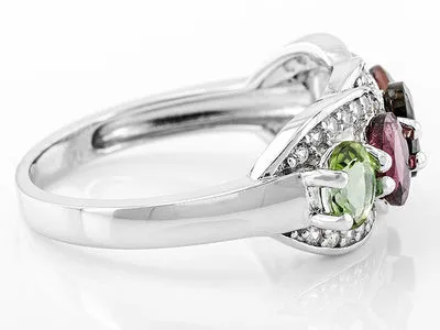 Rhodium over Sterling Silver 5 Stone Multi ColorTOURMALINE & White ZIRCON Ring