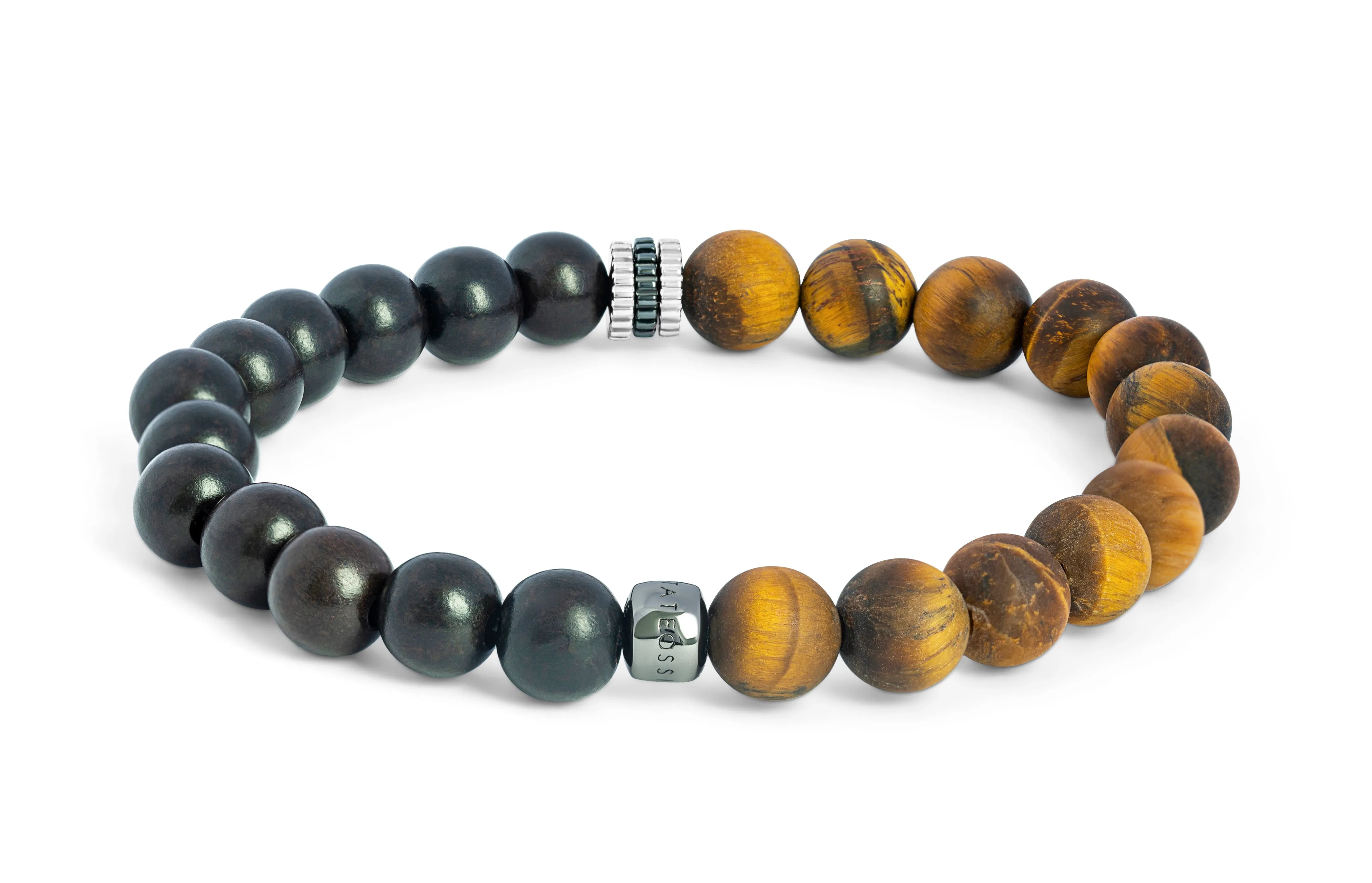 Rhodium Plated Sterling Silver Tiger's Eye Gear Trio Bacelet