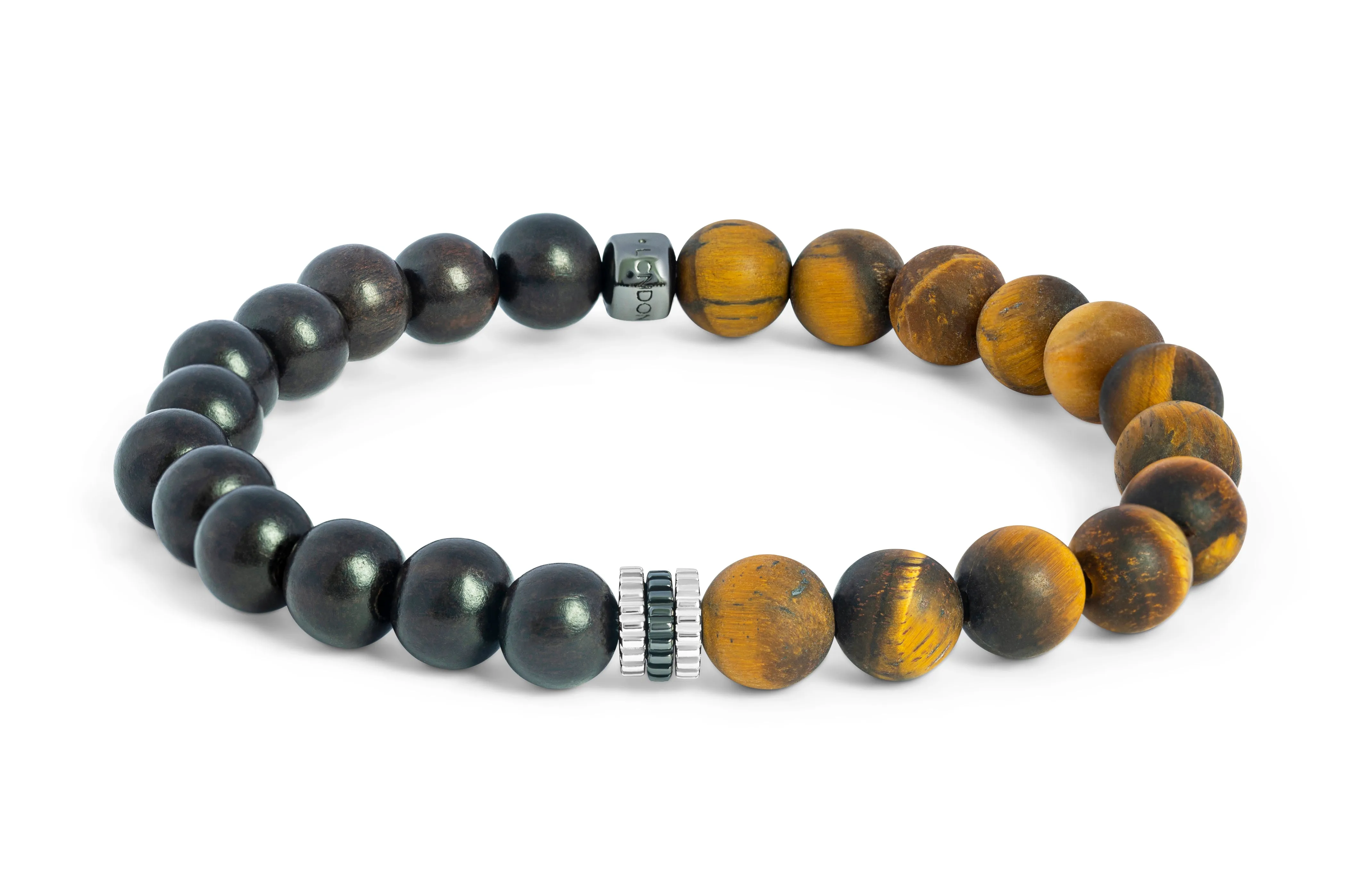 Rhodium Plated Sterling Silver Tiger's Eye Gear Trio Bacelet
