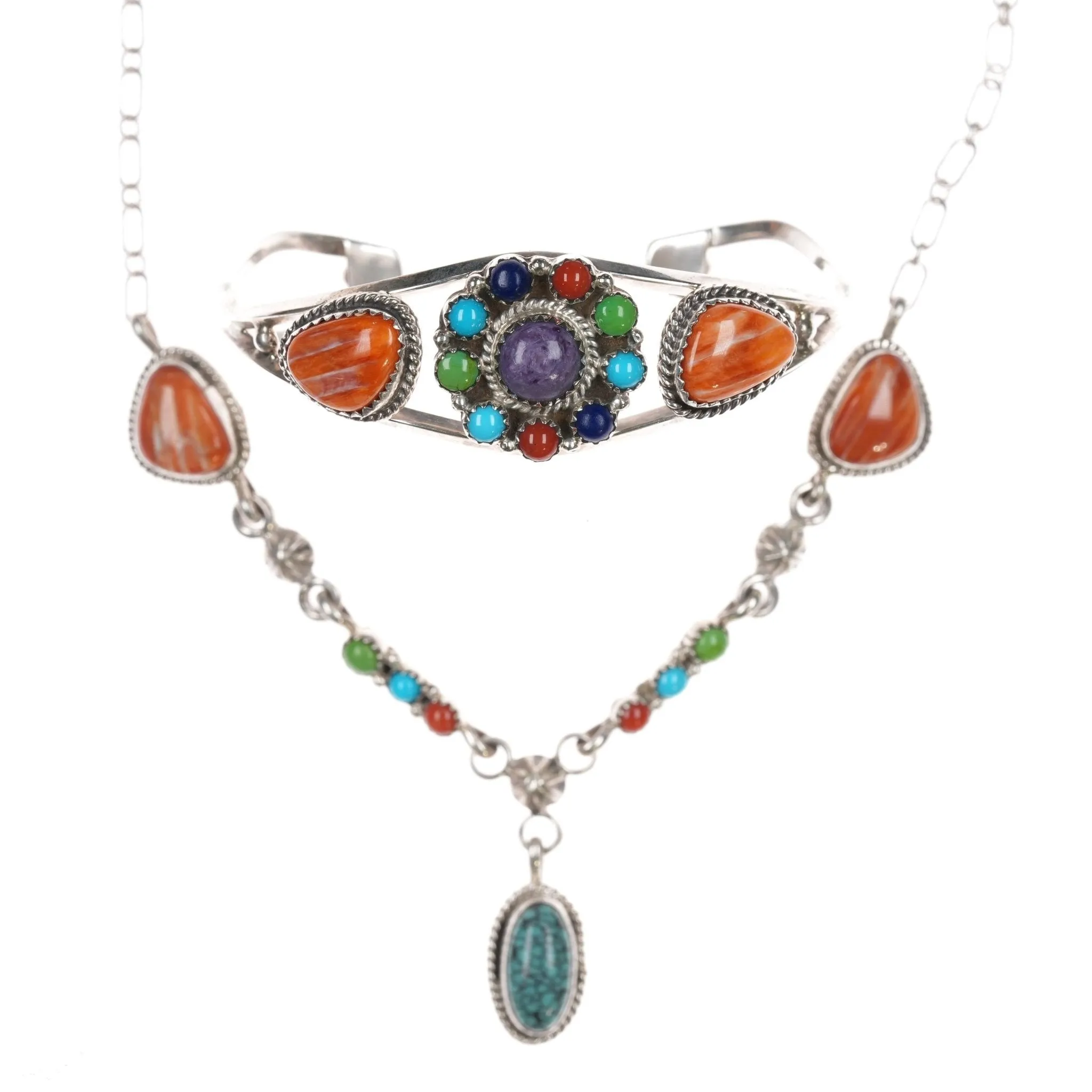 Running Bear Shop Sterling, turquoise, spiny oyster, necklace and cuff bracelet