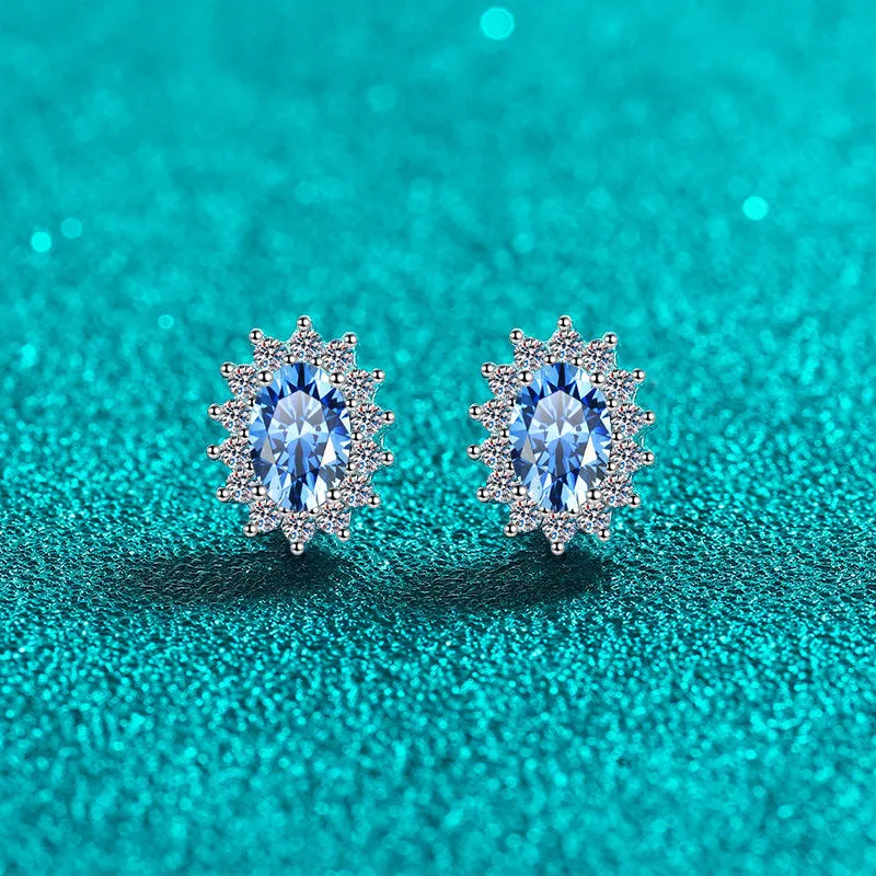 Sapphire Blue Moissanite Stud Earrings; Oval Shape Moissanite Diamonds Stud Earrings-EM043