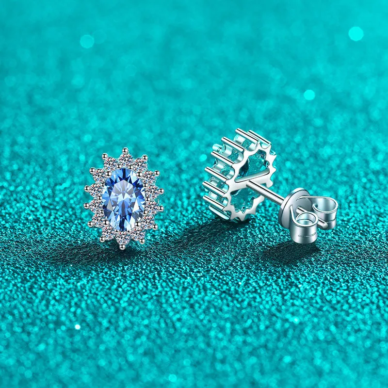 Sapphire Blue Moissanite Stud Earrings; Oval Shape Moissanite Diamonds Stud Earrings-EM043