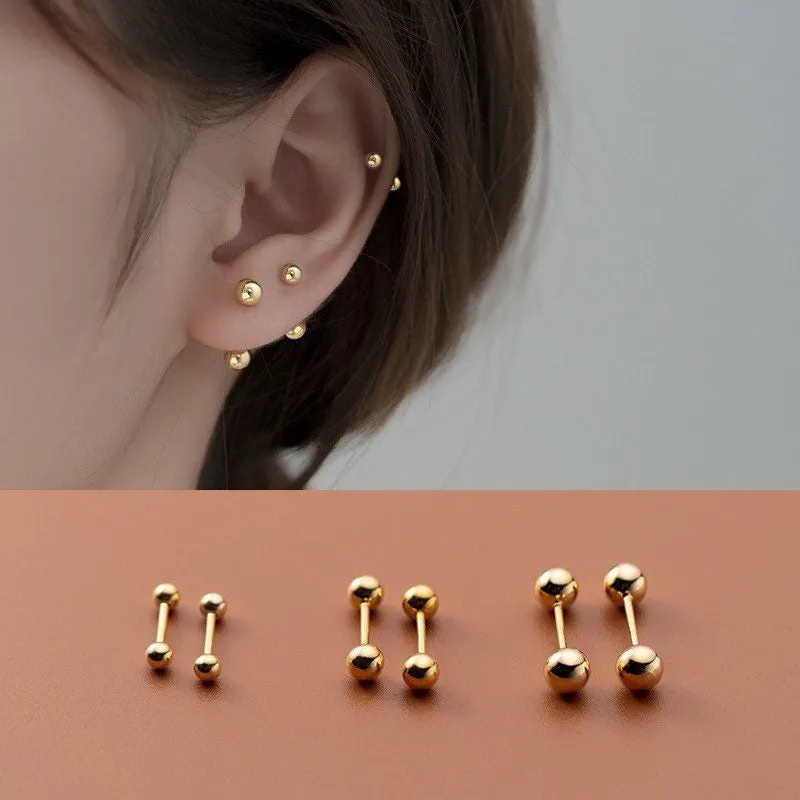 Screw back Solid Silver Two Balls Studs Earrings-ESB002