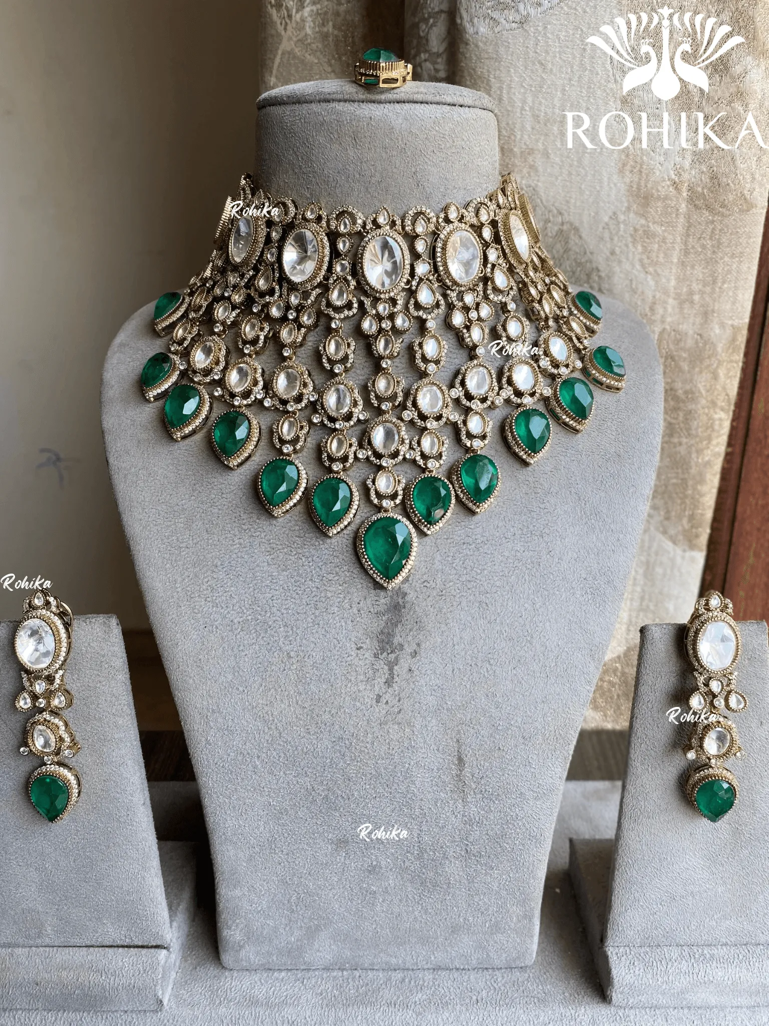 Sharan moisanite doublet bridal necklace set - Dark Green