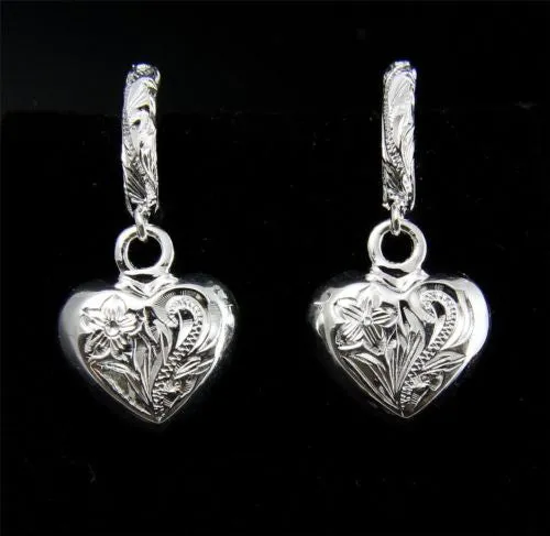 SILVER 925 HAWAIIAN PLUMERIA SCROLL HOOP DANGLE THICK SOLID HEART EARRINGS HEAVY