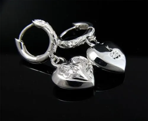 SILVER 925 HAWAIIAN PLUMERIA SCROLL HOOP DANGLE THICK SOLID HEART EARRINGS HEAVY