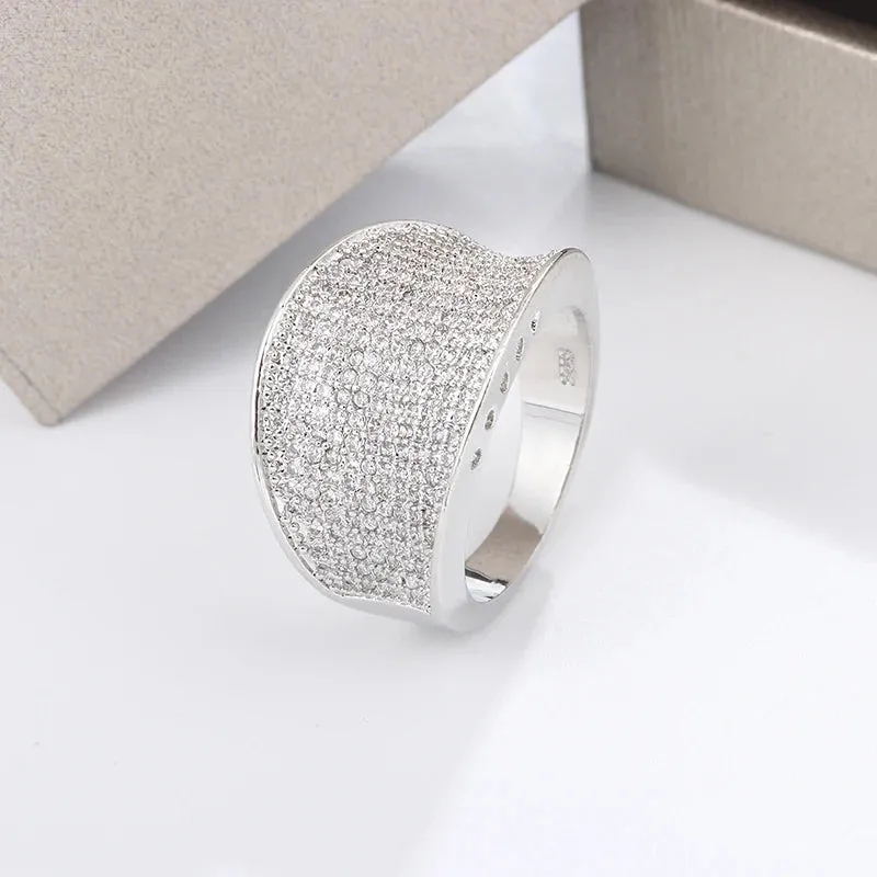 Silver Color Big Band Ring With Zircon StoneWomen Fashion Wedding Engagement Christmas Present