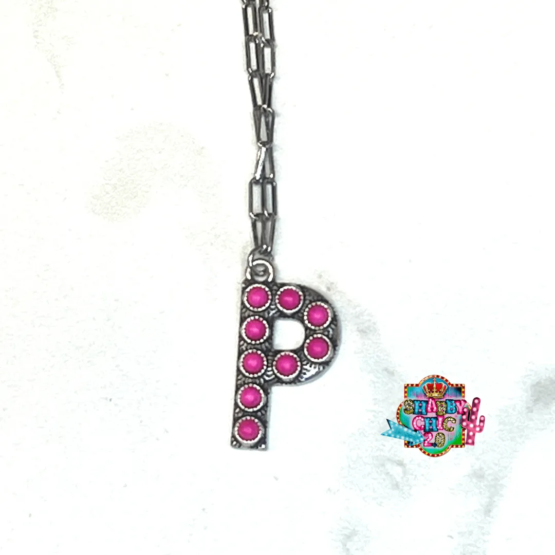 Silver with Pink Initial Necklace