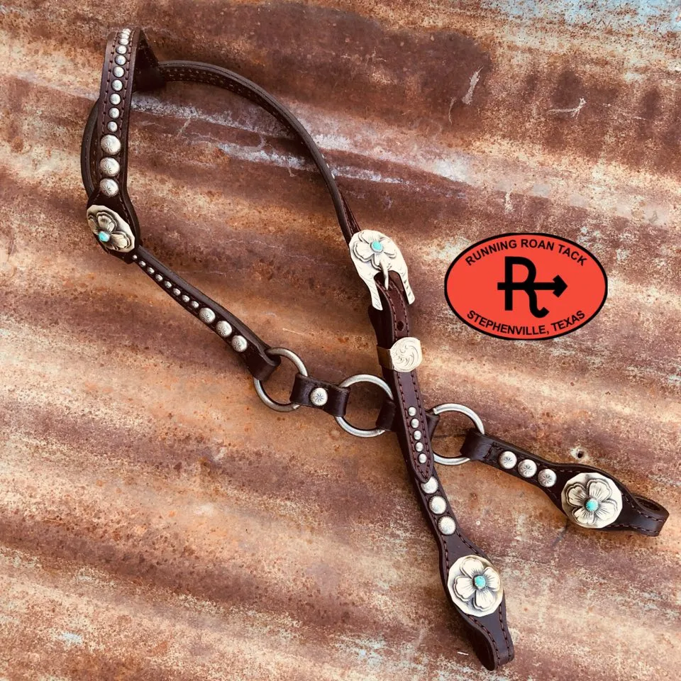 Single Ear Ring Headstall with German Silver Flower Hardware 39"-43"