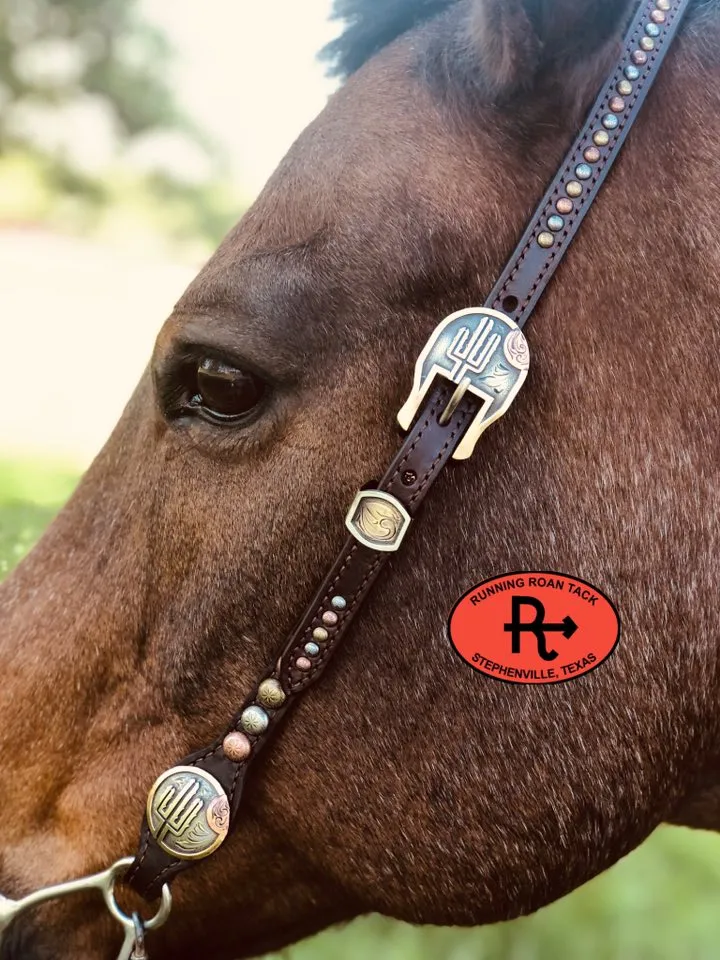 Single Ear Ring Headstall with Multicolor Dots and German Silver Cactus Hardware 38"-42"
