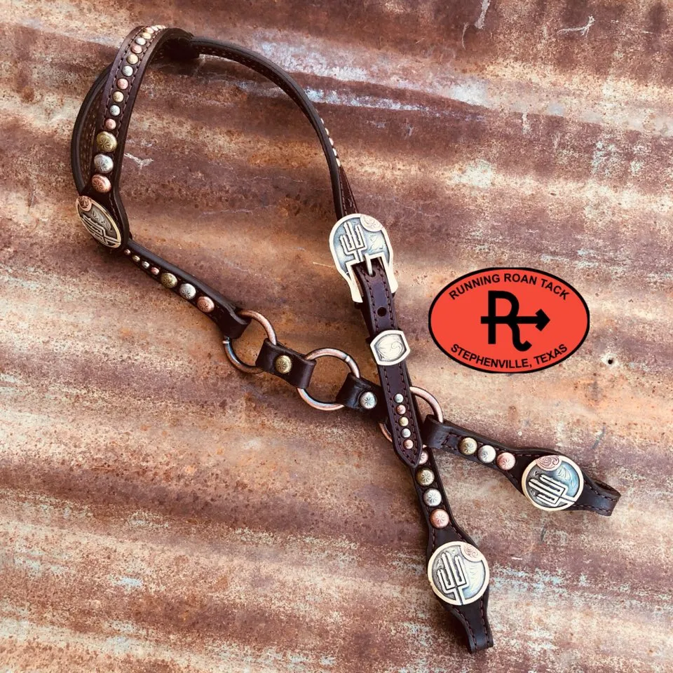 Single Ear Ring Headstall with Multicolor Dots and German Silver Cactus Hardware 38"-42"
