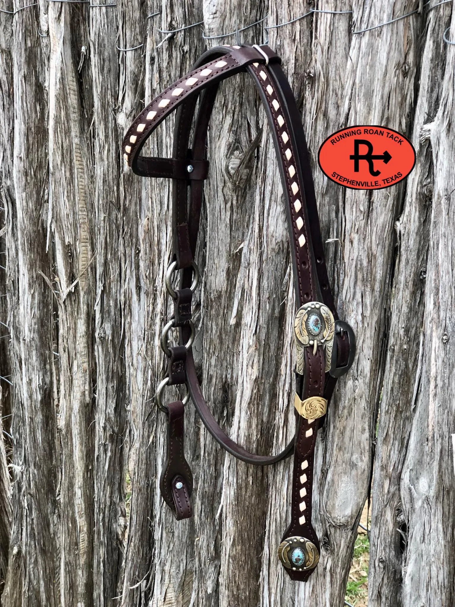 Single Ear with Throatlatch Ring Headstall with White Buckstitch and German Silver Hardware 39"-43"