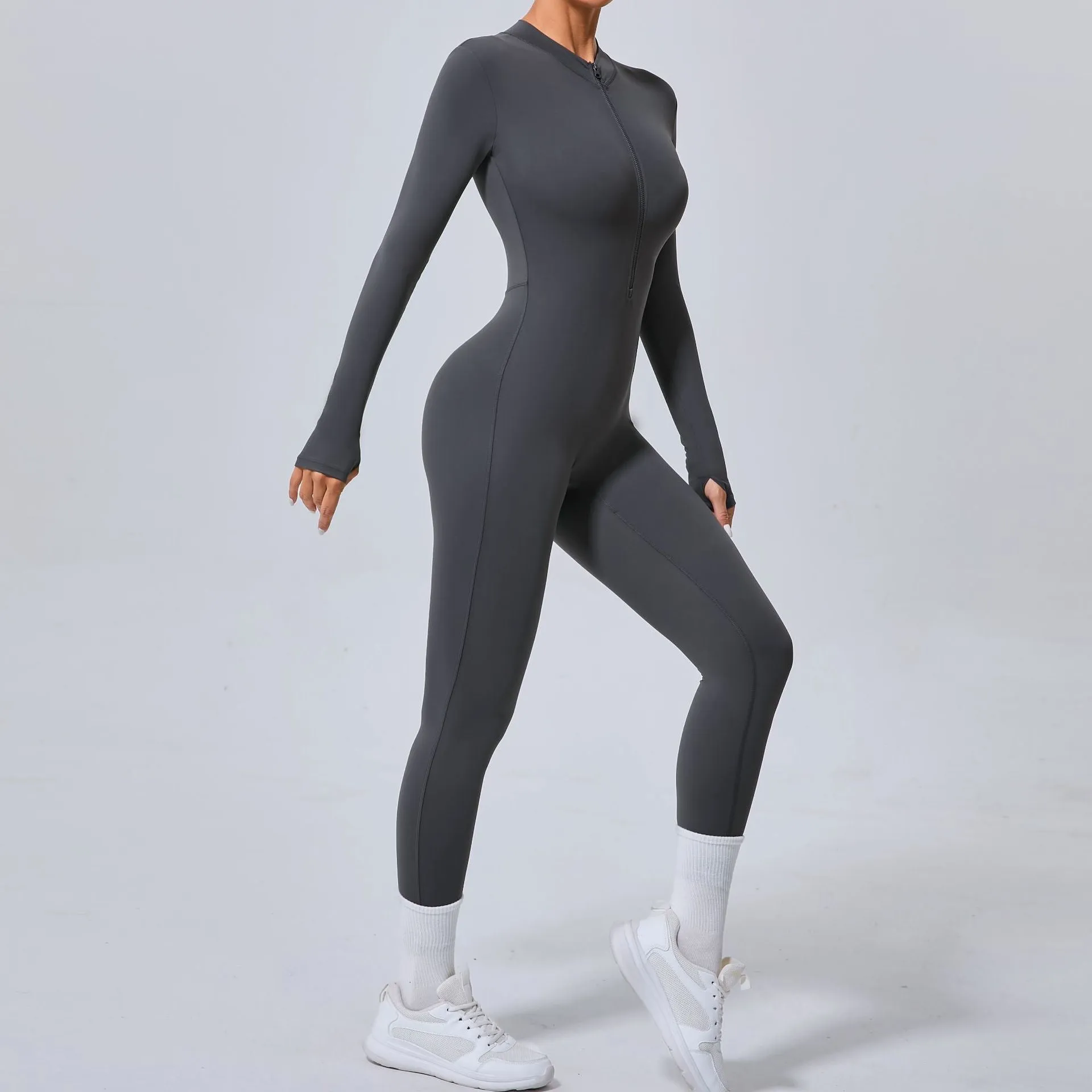 Sleek Solid Color Long Sleeve Half-Zip Yoga Jumpsuit for Active Style