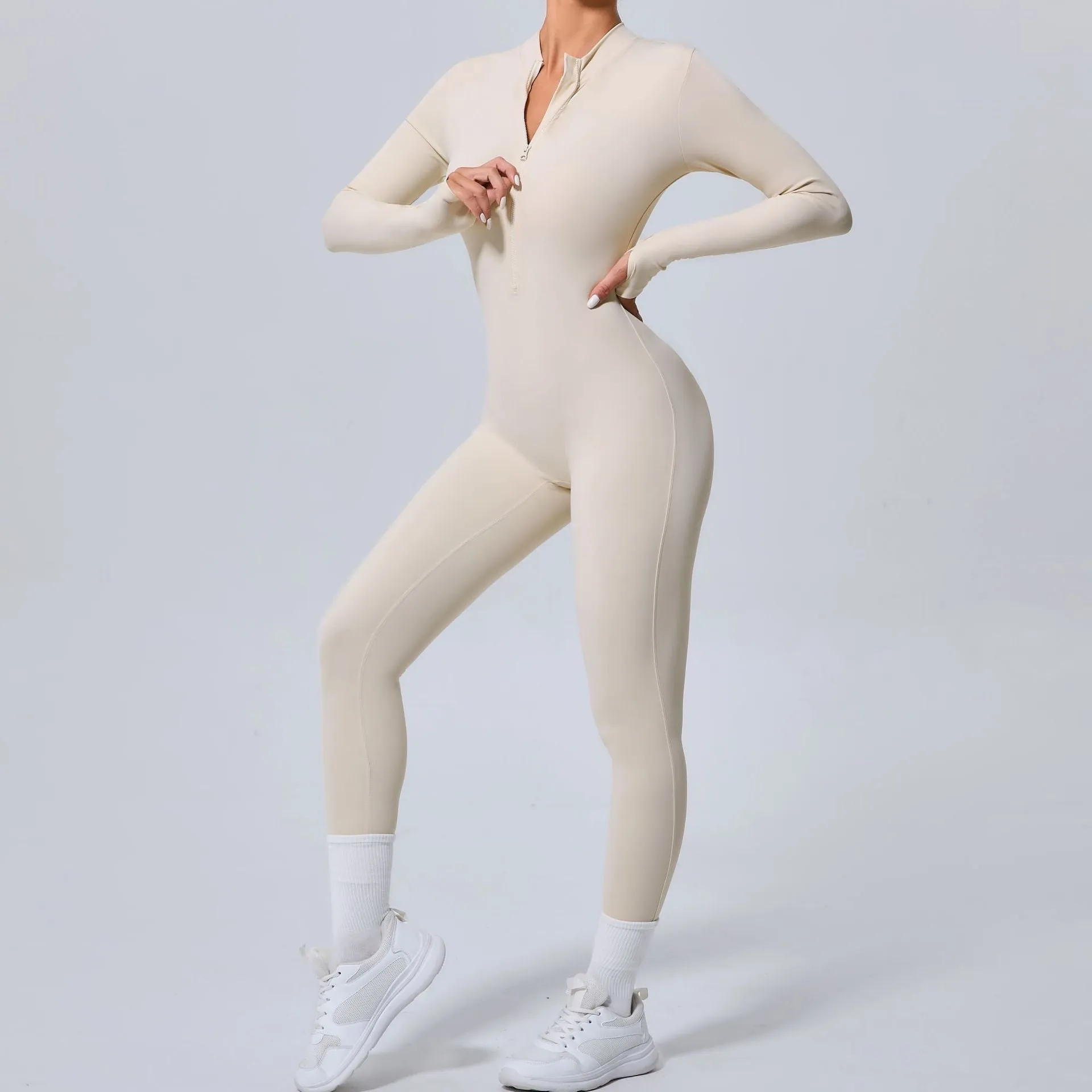 Sleek Solid Color Long Sleeve Half-Zip Yoga Jumpsuit for Active Style