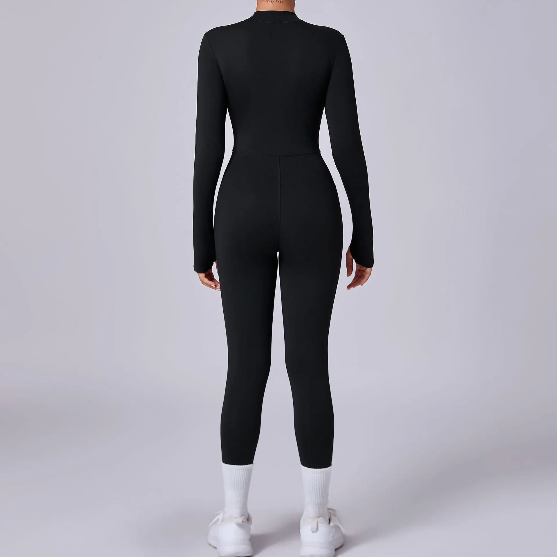 Sleek Solid Color Long Sleeve Half-Zip Yoga Jumpsuit for Active Style