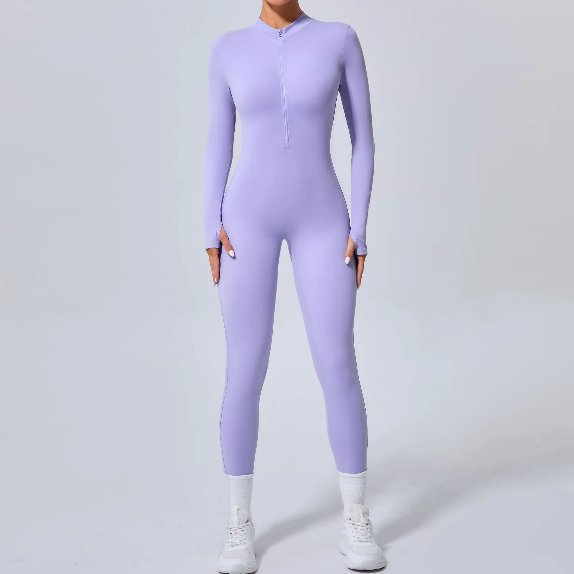 Sleek Solid Color Long Sleeve Half-Zip Yoga Jumpsuit for Active Style