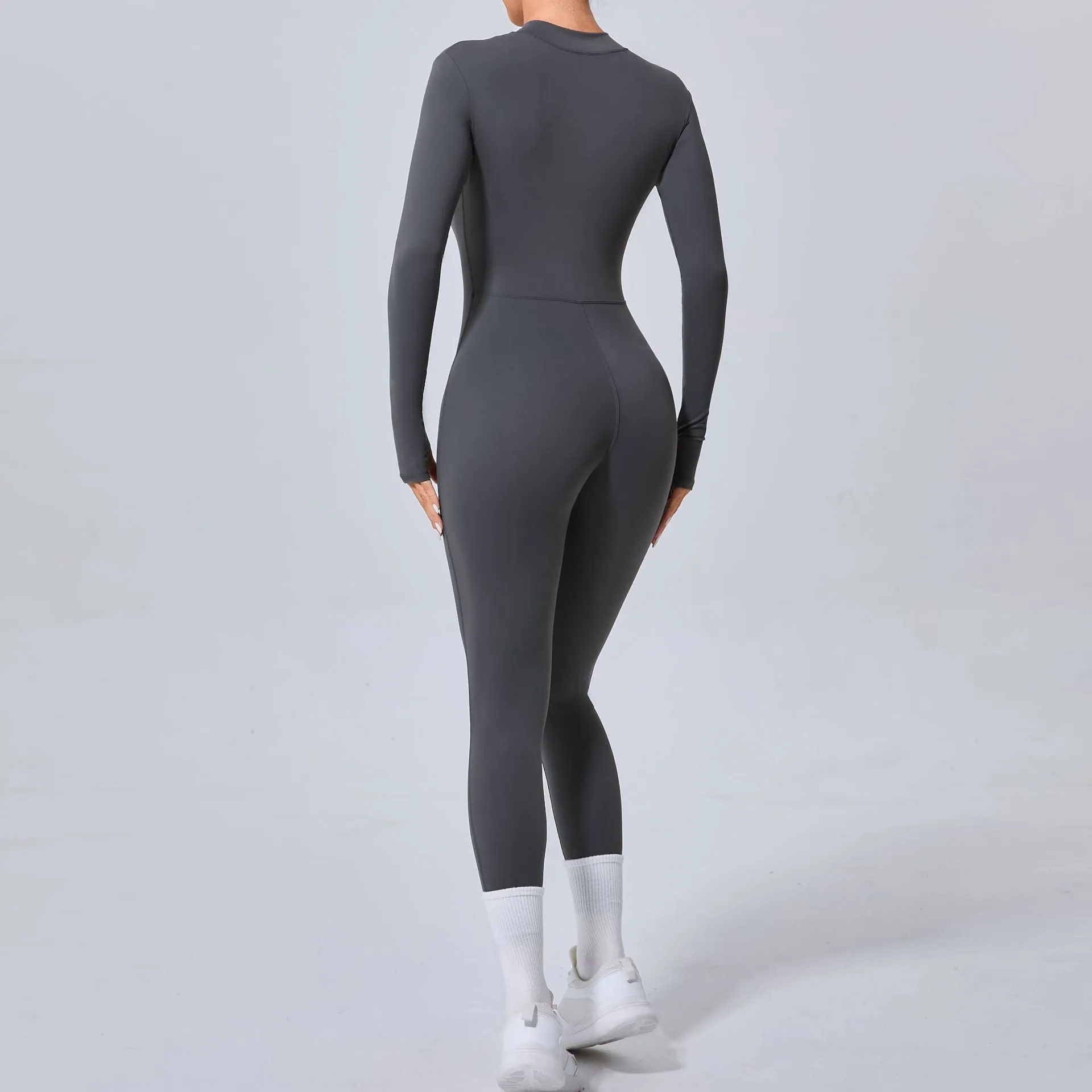 Sleek Solid Color Long Sleeve Half-Zip Yoga Jumpsuit for Active Style