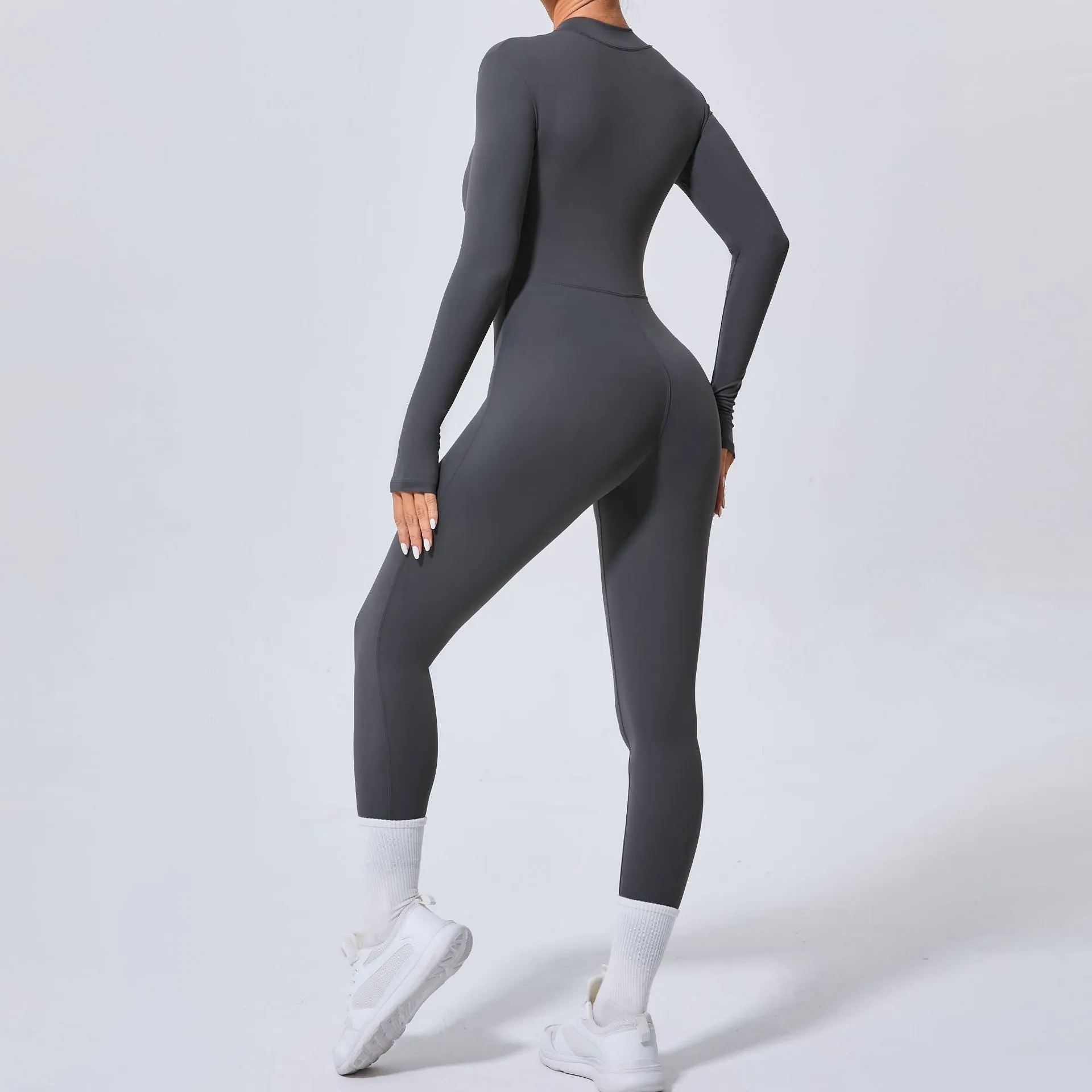 Sleek Solid Color Long Sleeve Half-Zip Yoga Jumpsuit for Active Style
