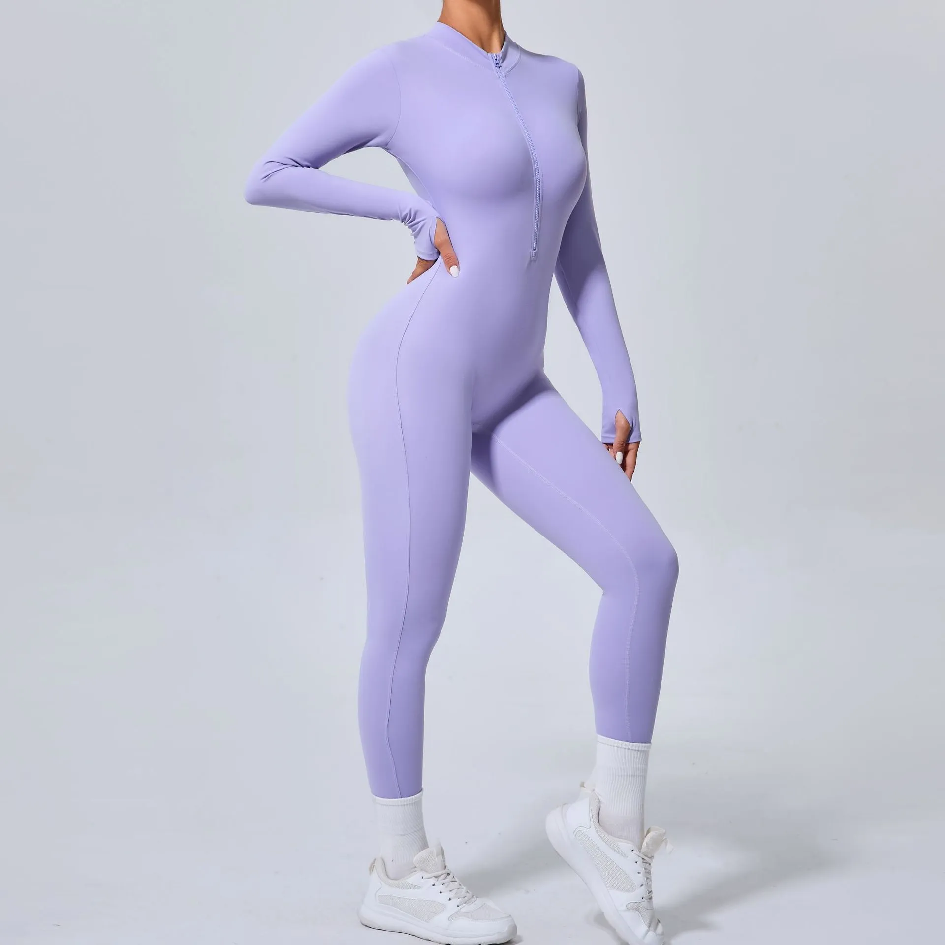 Sleek Solid Color Long Sleeve Half-Zip Yoga Jumpsuit for Active Style