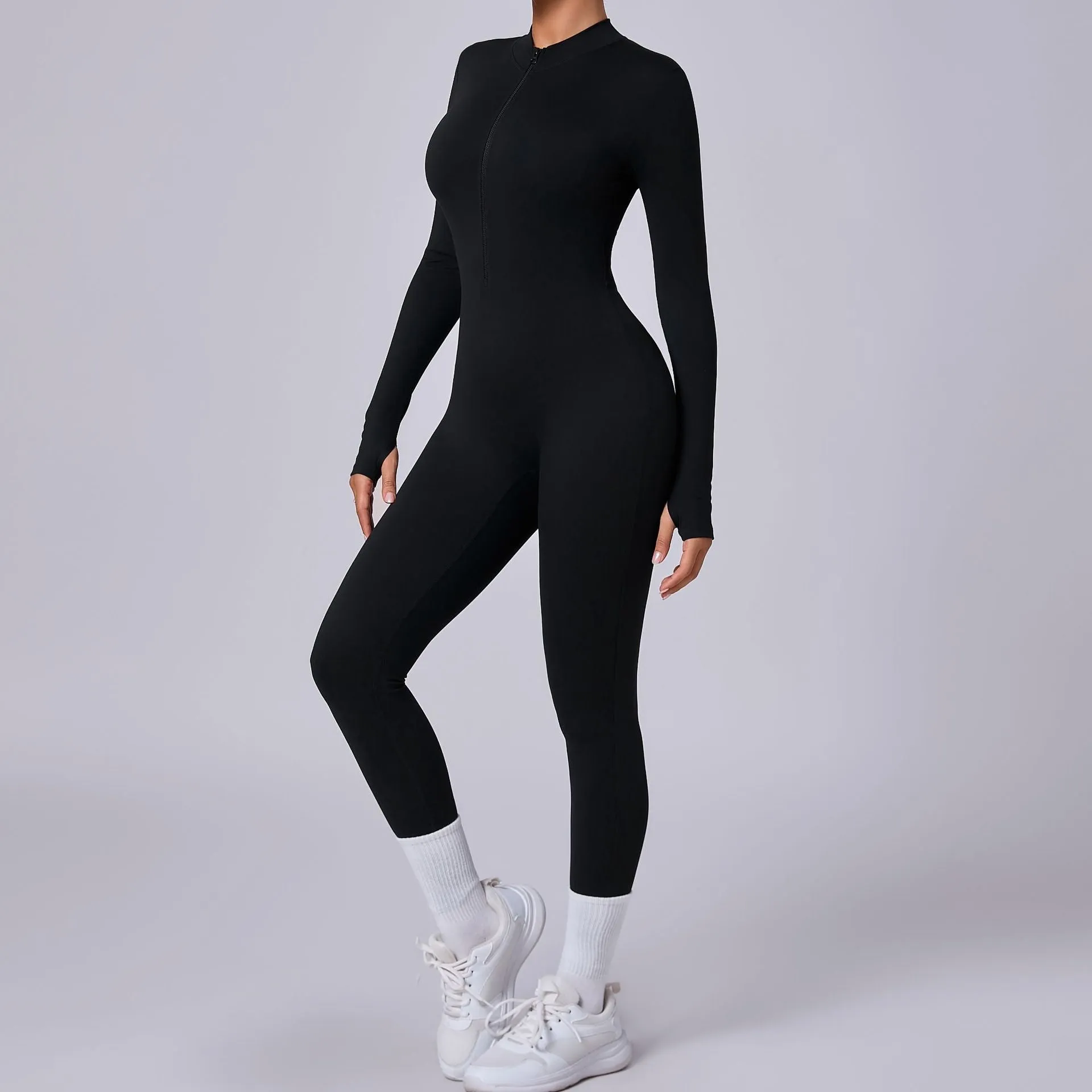 Sleek Solid Color Long Sleeve Half-Zip Yoga Jumpsuit for Active Style