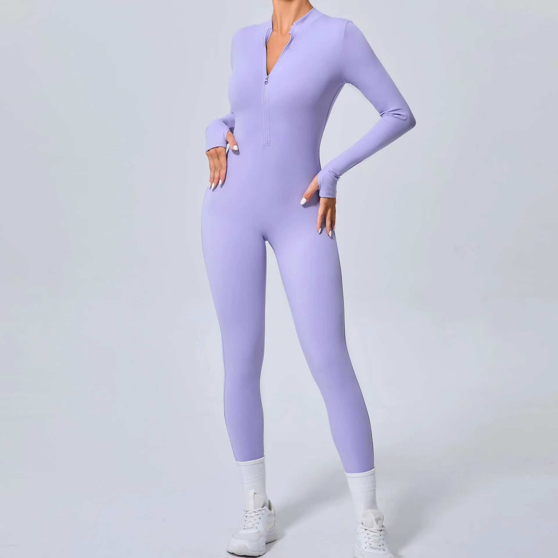 Sleek Solid Color Long Sleeve Half-Zip Yoga Jumpsuit for Active Style