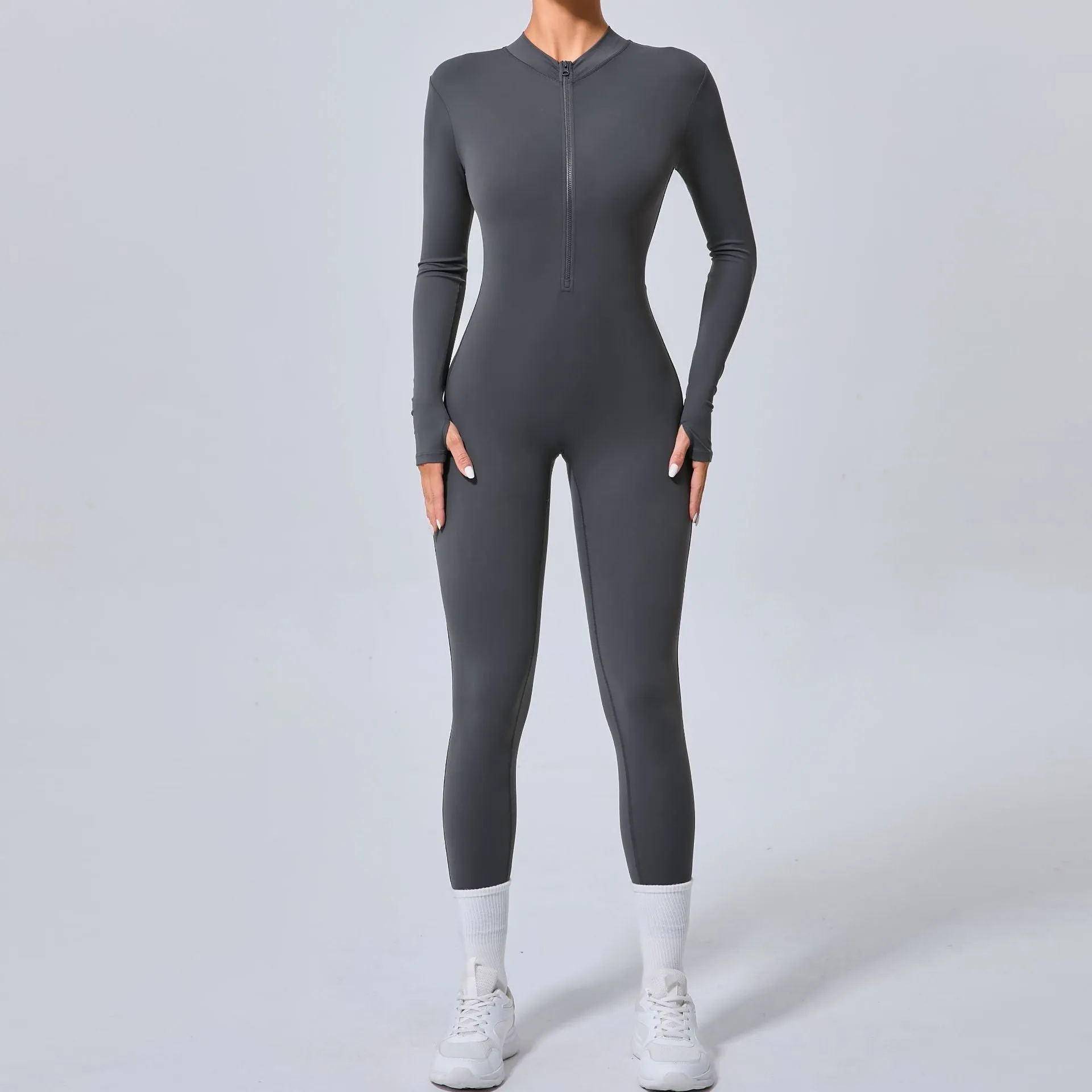 Sleek Solid Color Long Sleeve Half-Zip Yoga Jumpsuit for Active Style