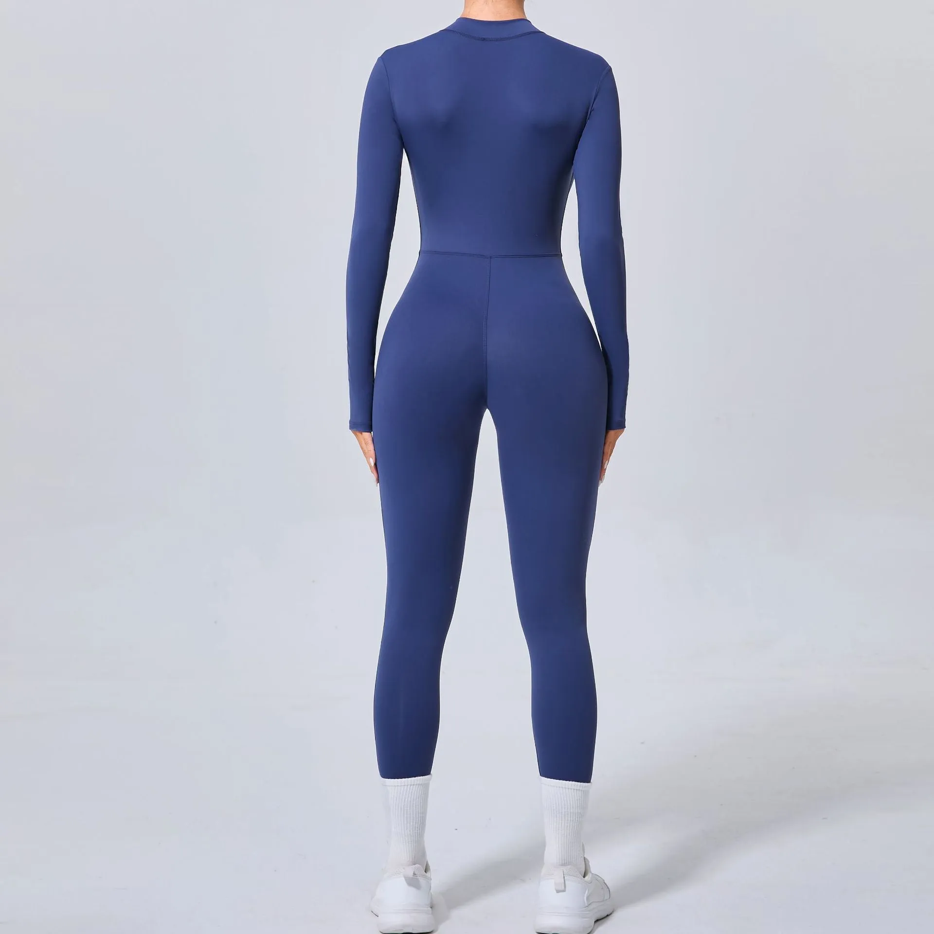 Sleek Solid Color Long Sleeve Half-Zip Yoga Jumpsuit for Active Style