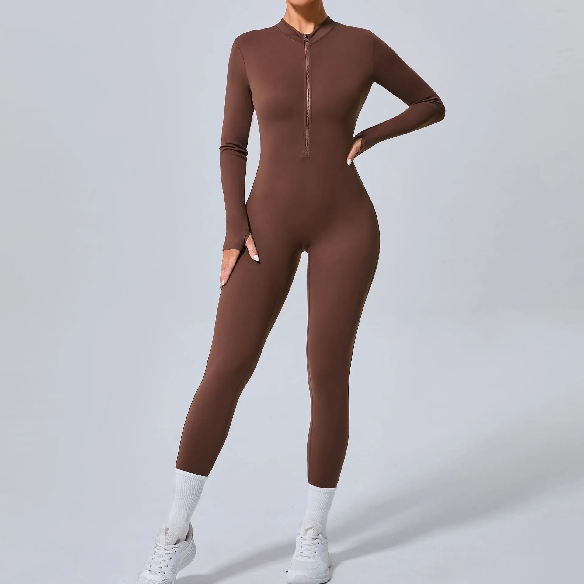 Sleek Solid Color Long Sleeve Half-Zip Yoga Jumpsuit for Active Style